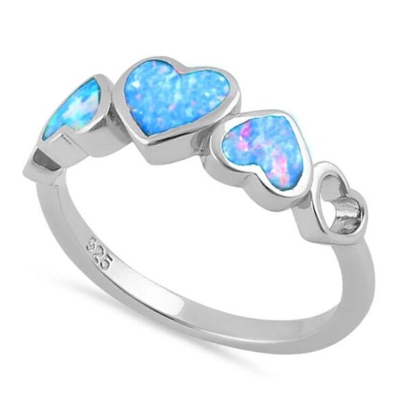 925 STERLING SILVER Lab Created Blue Lavender Fire Opal Hears Ring - Picture 11 of 14